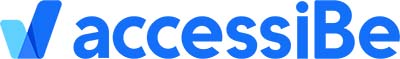 The image shows the accessiBe logo featuring a blue checkmark symbol followed by the word accessiBe in bold, blue lowercase and uppercase letters.