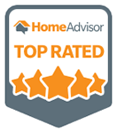 HomeAdvisor Top Rated badge featuring an orange house logo, HomeAdvisor text, three large orange stars and two smaller stars underneath the words TOP RATED on a blue and white background.