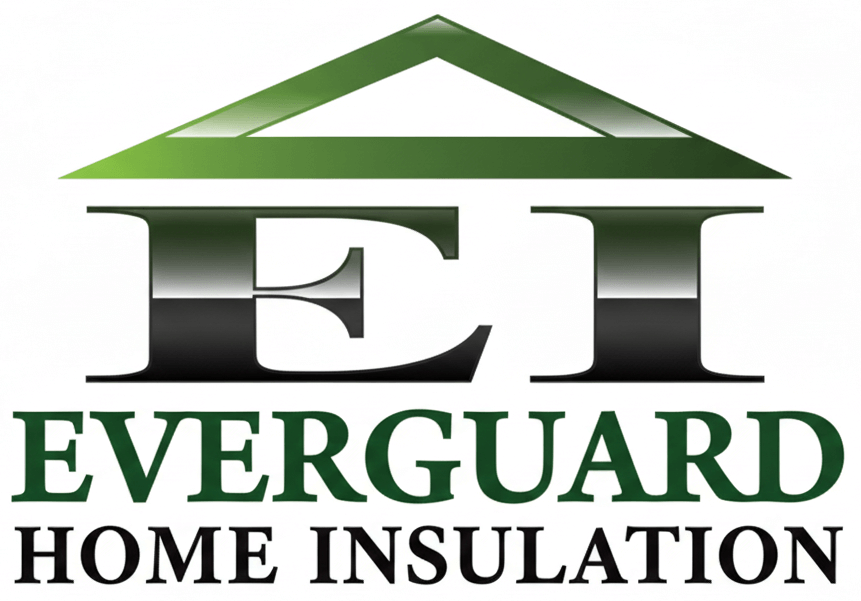 Logo for Everguard Home Insulation featuring a stylized green roof above large letters EI with a gradient effect. EVERGUARD HOME INSULATION is written below in bold green and black text.