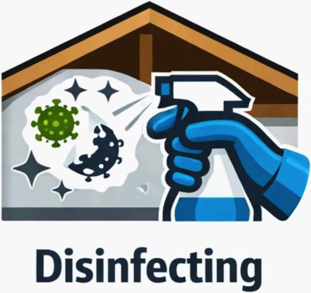 Disinfecting insulation removal: Hand in glove sprays disinfectant on mold and viruses.