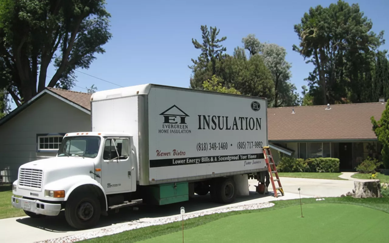 Evergreen Home Insulation truck parked outside a house, with contact info.