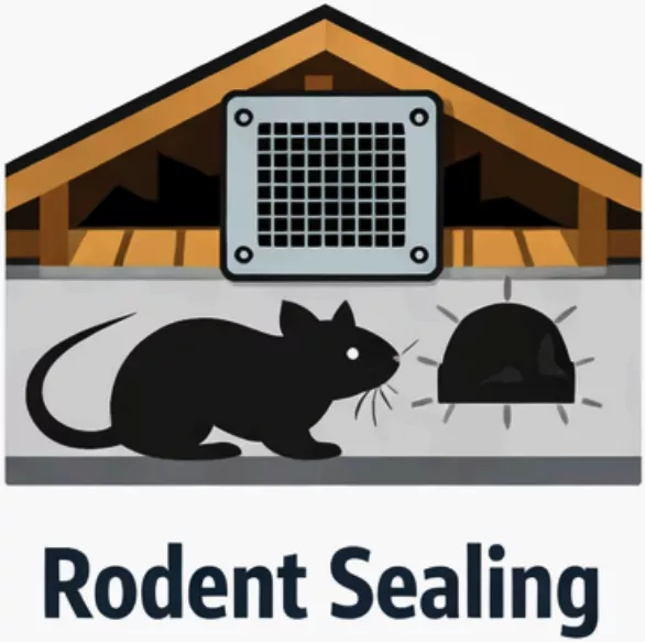 Illustration of a rodent entering an attic, text "Rodent Sealing