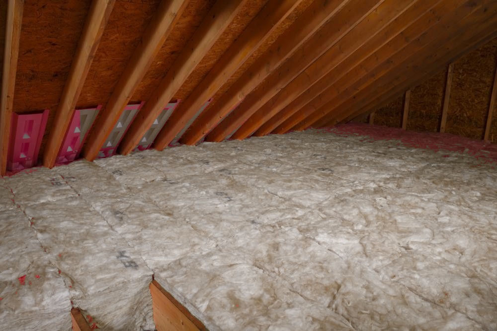 Attic floor insulated with fluffy fiberglass batts under wooden rafters.