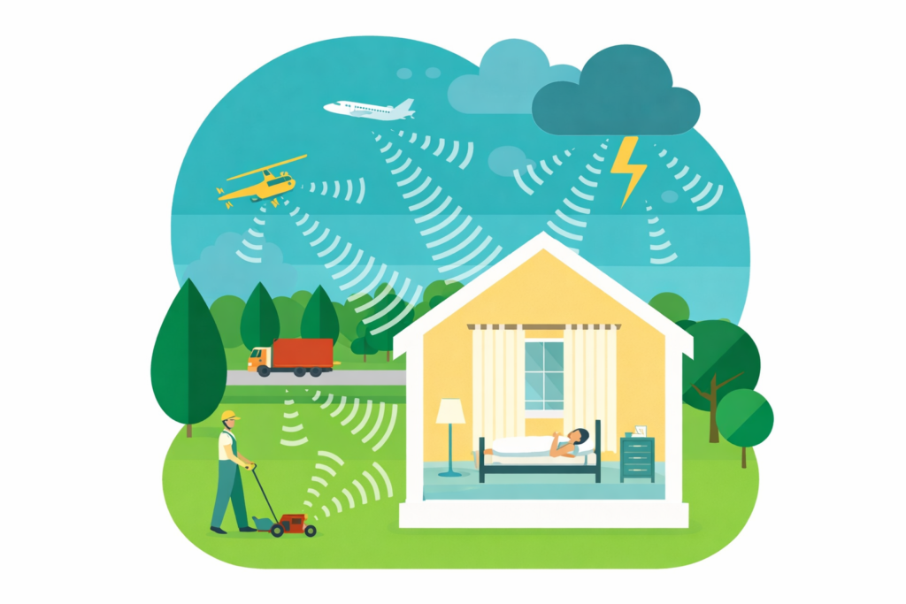 Home illustration showing noise sources like a lawn mower, truck, plane, and thunder affecting a person sleeping indoors.