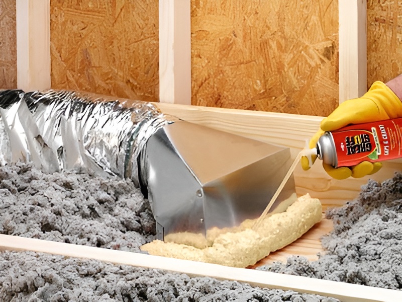 Spray foam insulation sealing around an HVAC duct connection in a wall cavity.