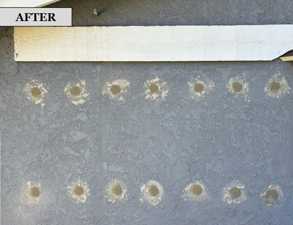 After image shows wall insulation holes on grey stucco texture.