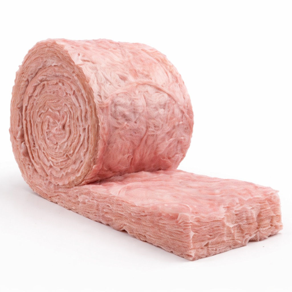 Pink fiberglass insulation roll, a material for home insulation.