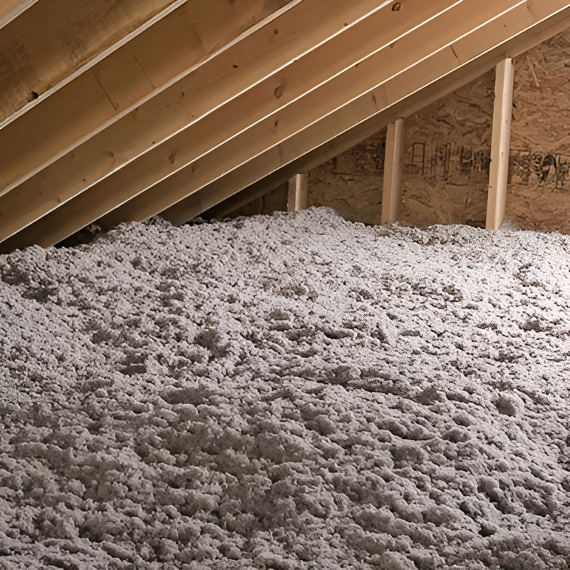 Loose-fill cellulose attic insulation filling the space between wooden rafters for energy efficiency.