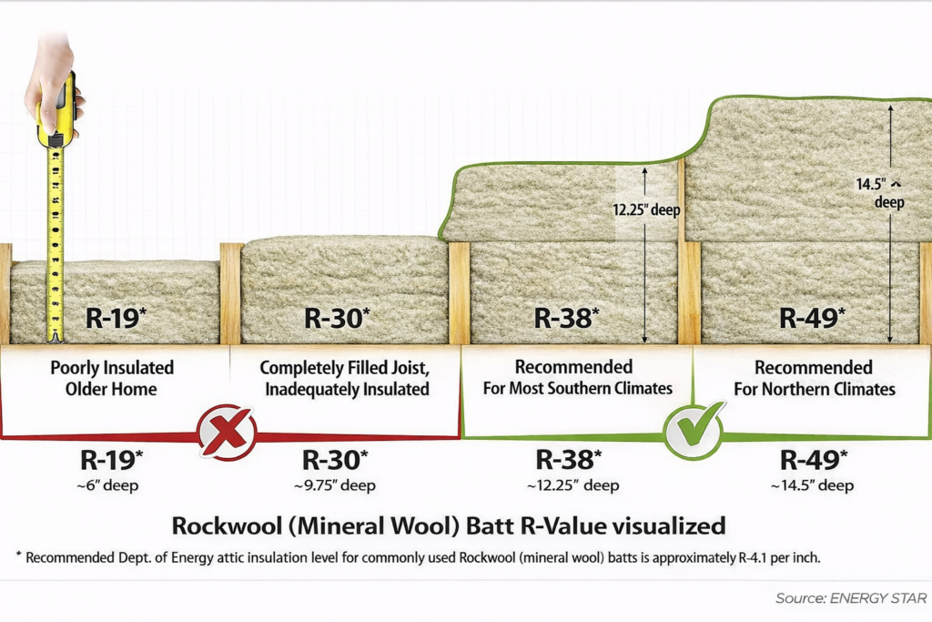 Rockwool insulation R-values visualized for attics: R-19 to R-49